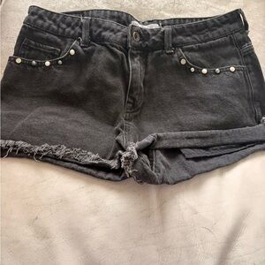 Zara Black Denim Shorts with Pearl Accents